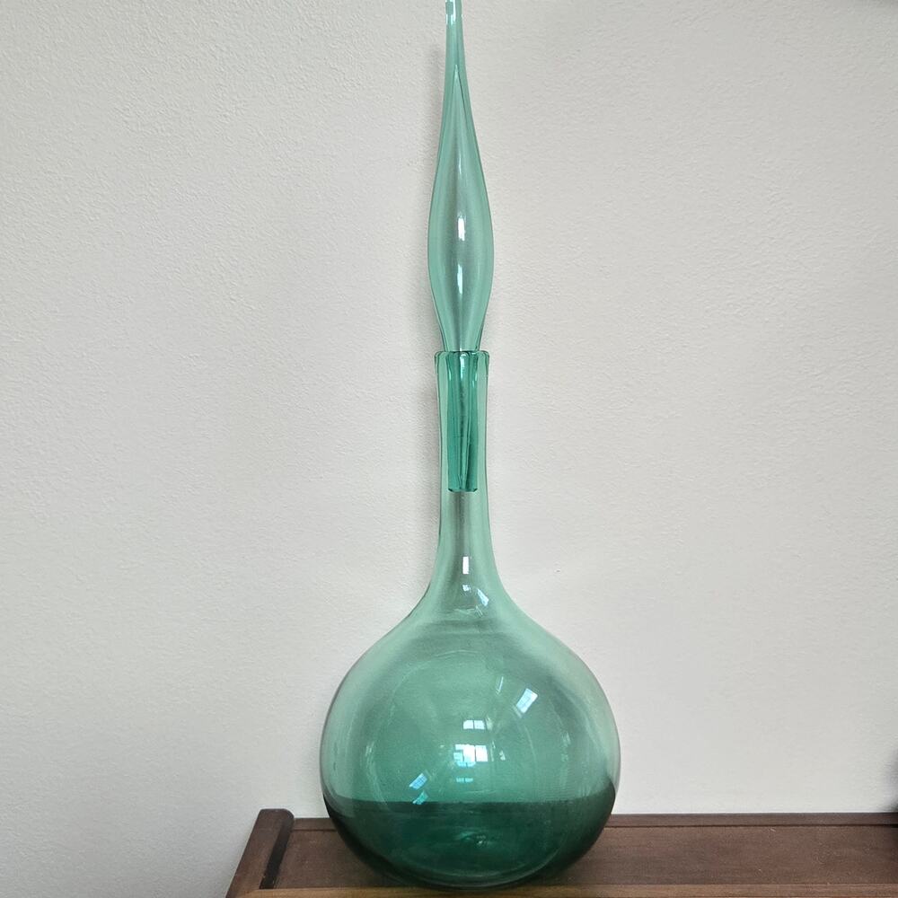 Vtg Blenko Hand Blown "Genie" Glass Decanter Sea Green w/Flame Stopper 1960's